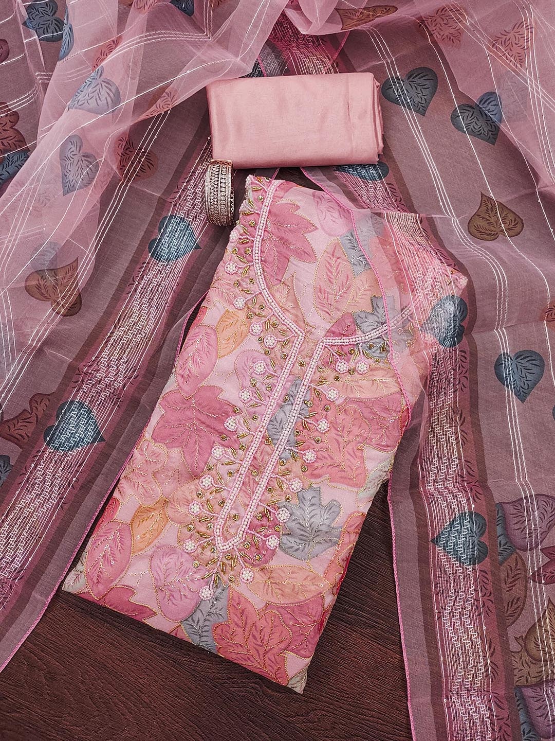 

Maroosh Floral Embroidered Beads And Stones Unstitched Dress Material, Pink