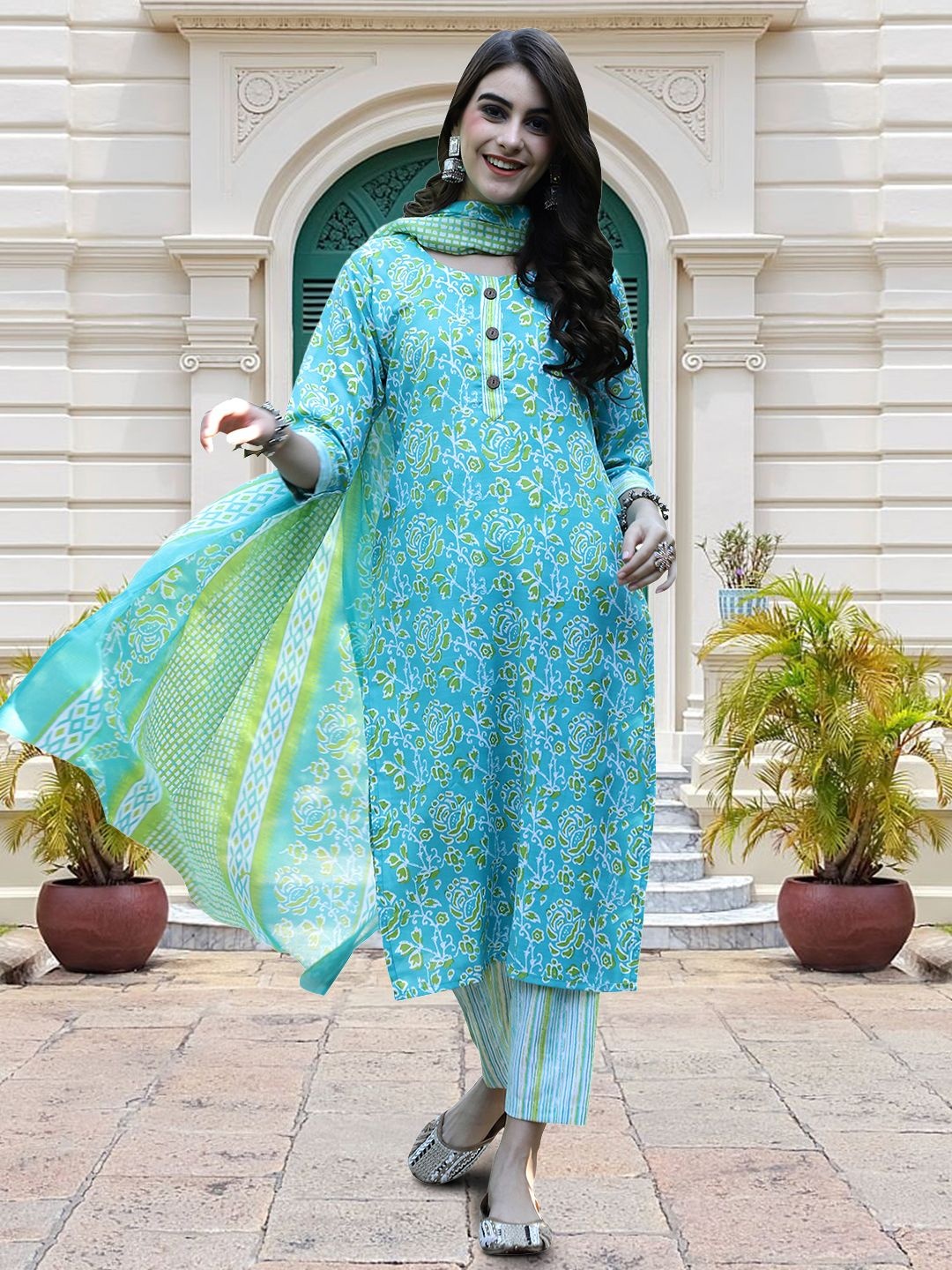 

Moda Rapido Floral Printed Round Neck Straight Kurta With Trouser And Dupatta, Teal