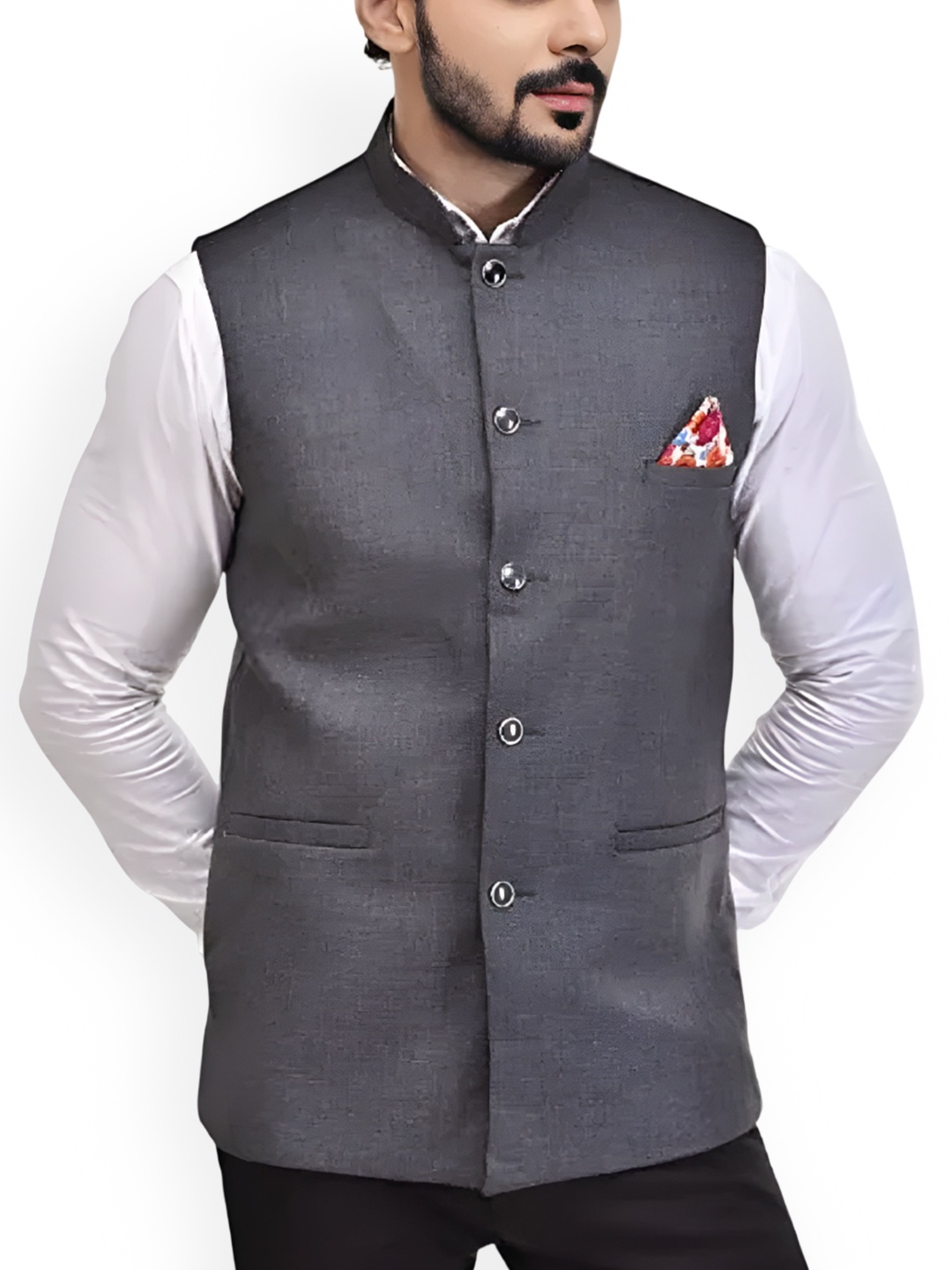 

Eliq Jute Cotton Woven Nehru Jacket, Grey