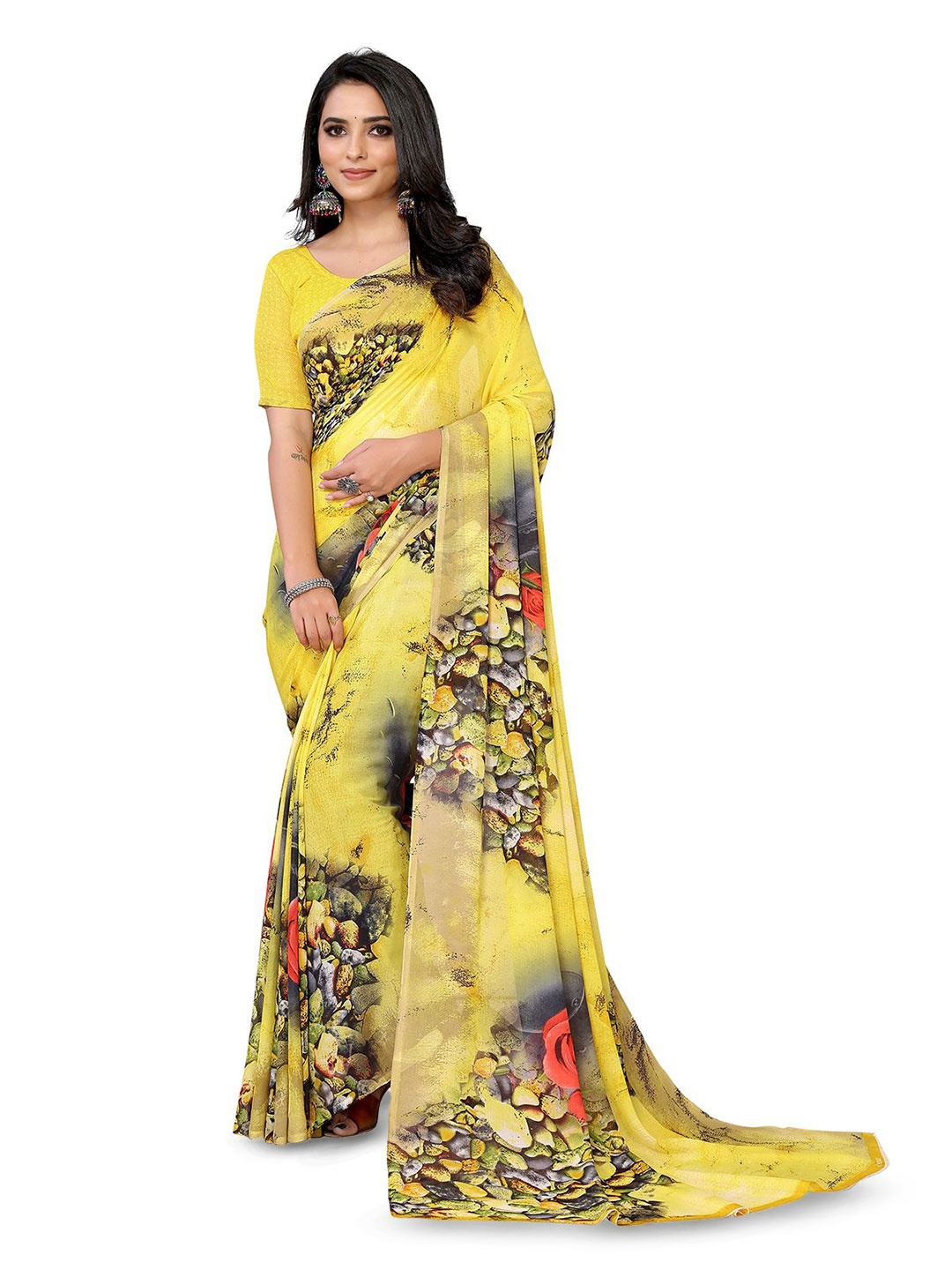 

Moda Rapido Floral Jaali Printed Saree With Unstiched Blouse Piece, Yellow