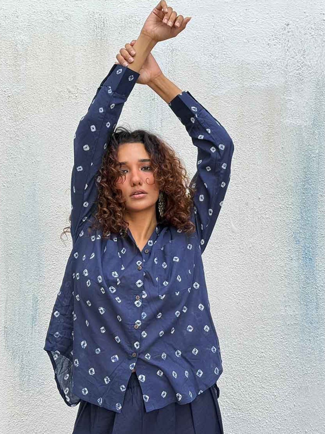 

Chidiyaa Women Indigo Bard of Blue Bandhej Cotton Shirt, Navy blue