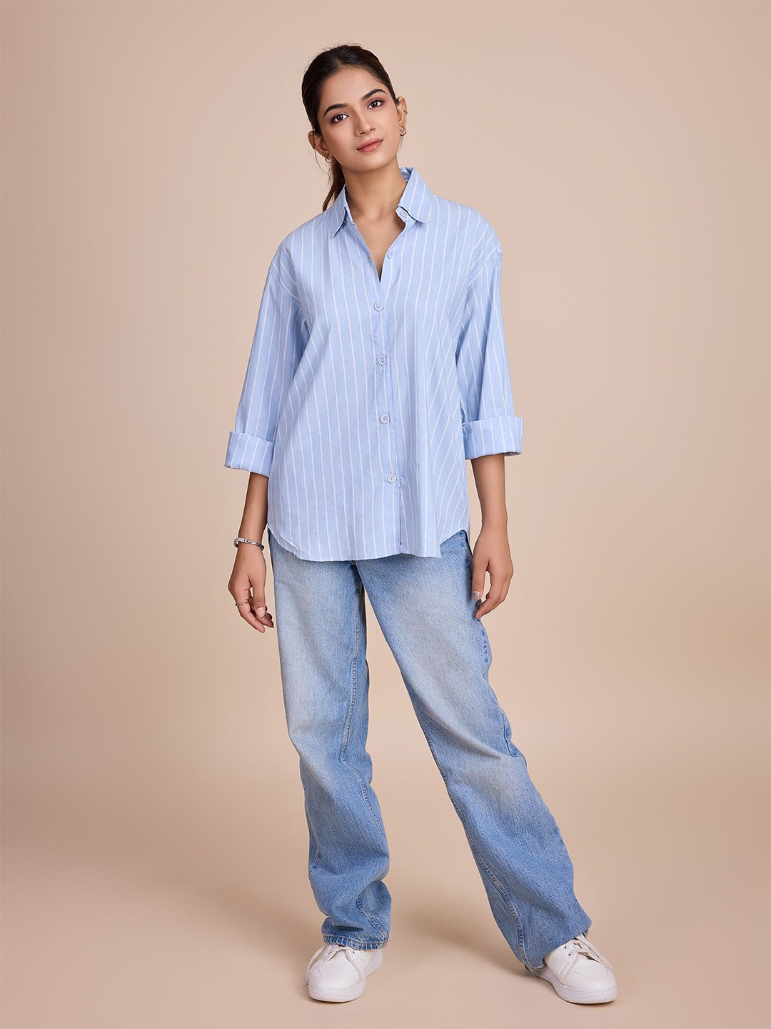 

HOUSE OF MIRA Women Classic Oversized Fit Vertical Striped Cotton Casual Shirt, Blue