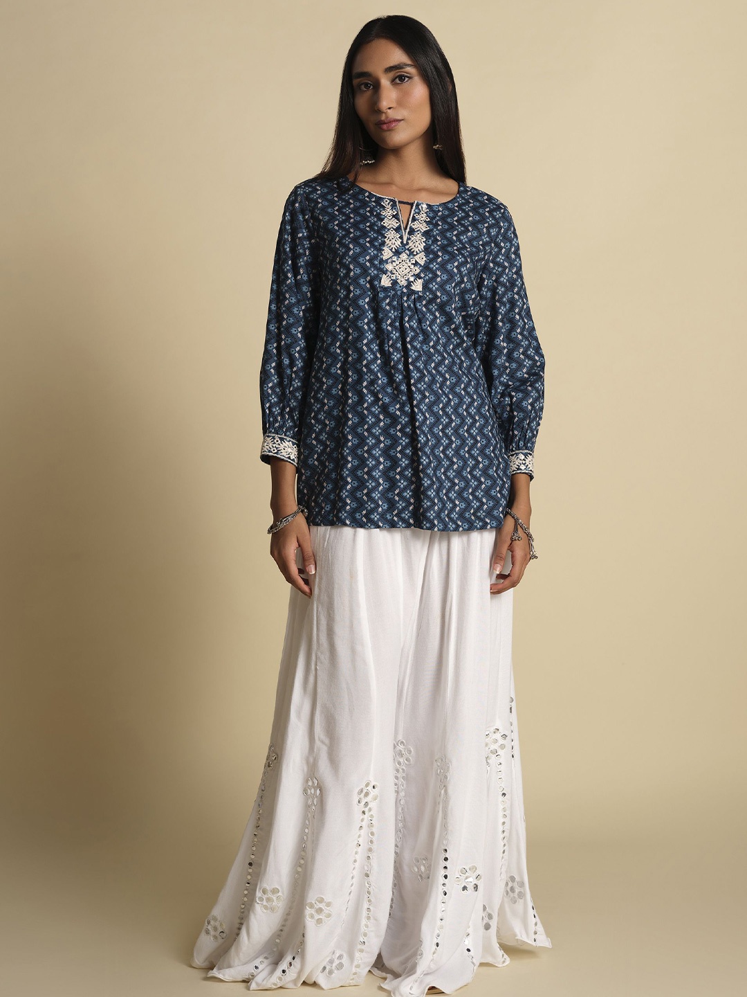

Global Desi Floral Print Tie-Up Neck Top, Blue