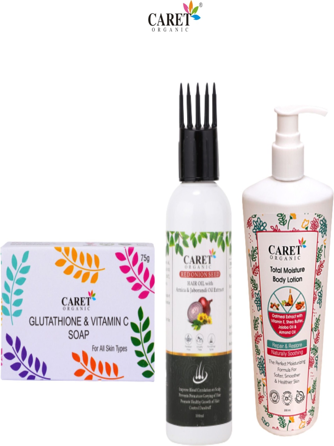 

CARET ORGANIC Set Of 3 Glutathione & Vitamin C Soap & Onion Hair Oil & Total Body Lotion, Multi