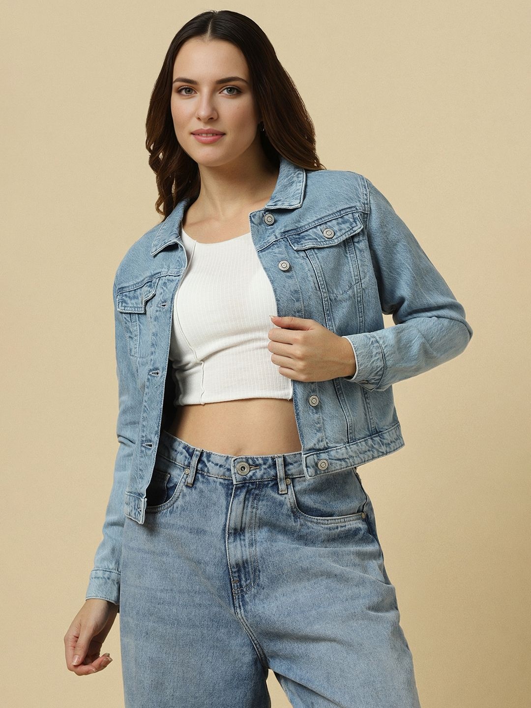 

Allen Solly Woman Spread Collar Solid Cotton Casual Denim Jacket, Blue