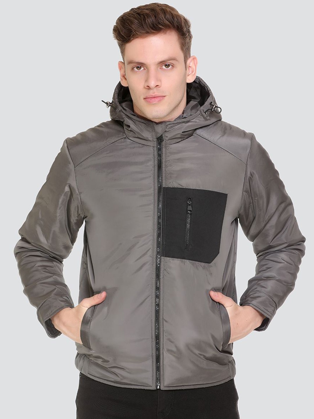 

The Roadster Lifestyle Co. Men Hooded Solid Casual Lightweight Bomber Jacket, Grey