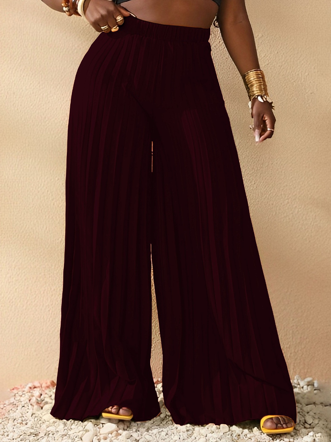 

Kushi Flyer Women Self Design Knitted Wide Leg Plated Palazzos, Coffee brown