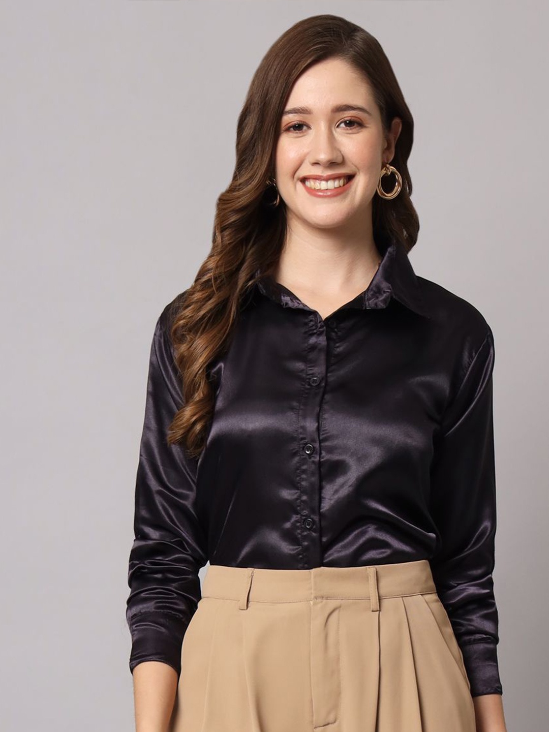 

Funday Fashion Women Spread Collar Solid Satin Formal Shirt, Black