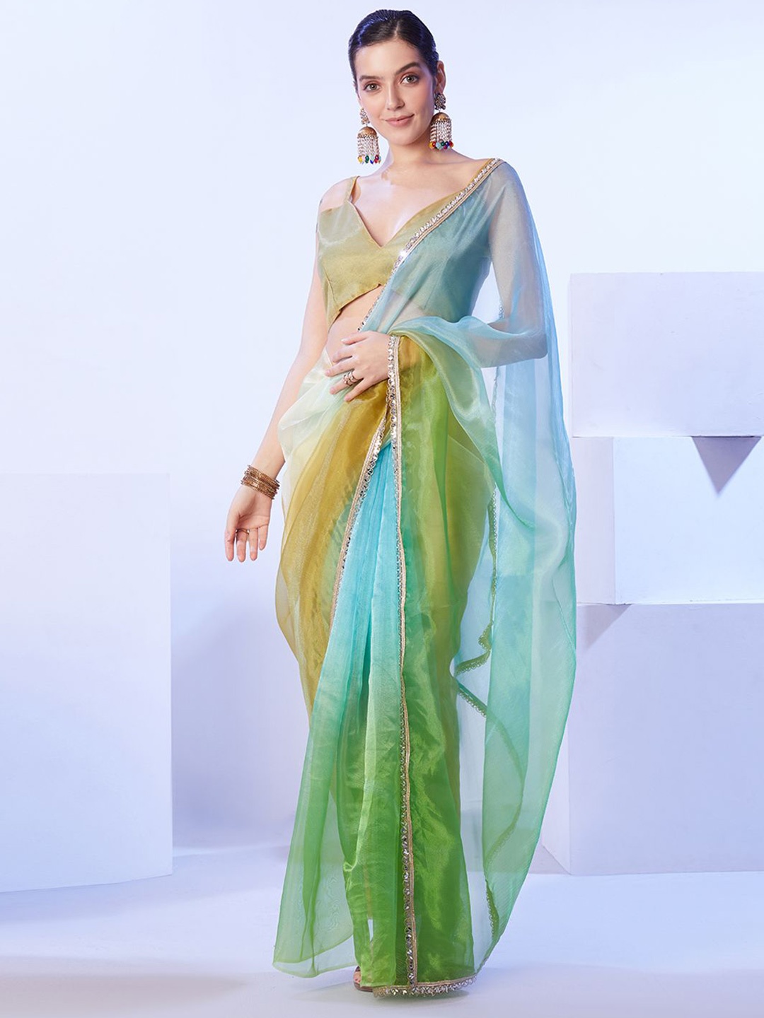 

Mitera Ombre Mirror Work Organza Saree, Green