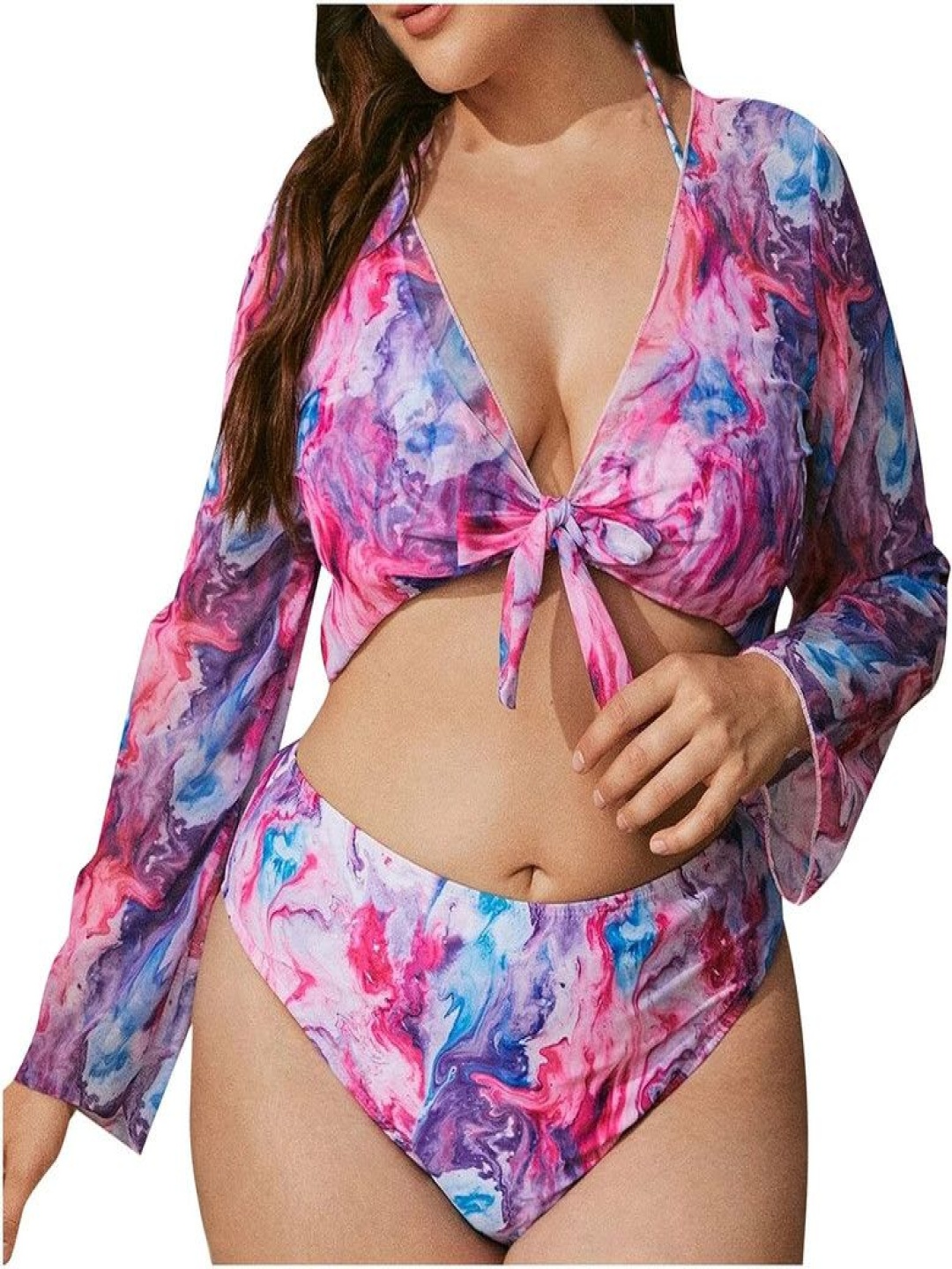 

Plus Curvves Women Abstract Printed Swim Bikini Set With Cover Up, Pink