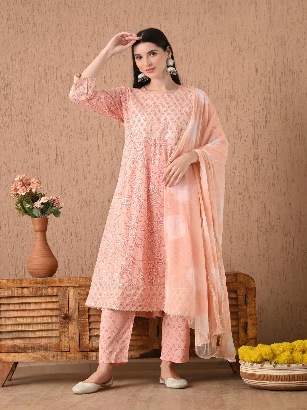 

Bhoolft Floral Printed Round Neck Gotta Patti Panelled A-Line Kurta With Trouser & Dupatta, Peach