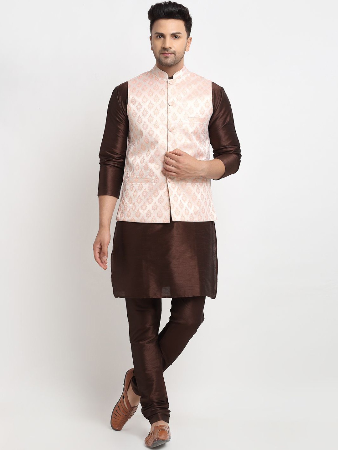 

Kaifoo Mandarin Collar Long Sleeves Straight Kurta with Churidar & Nehru Jacket, Brown