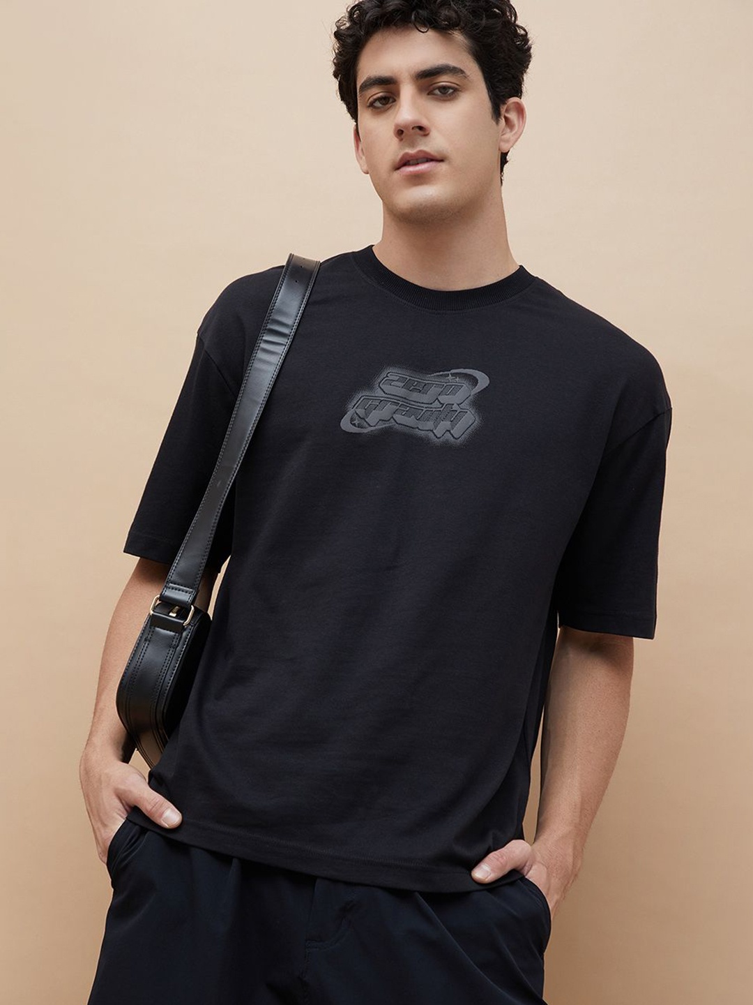 

Forca Men Graphic Printed Round Neck Cotton Oversized T-shirt, Black