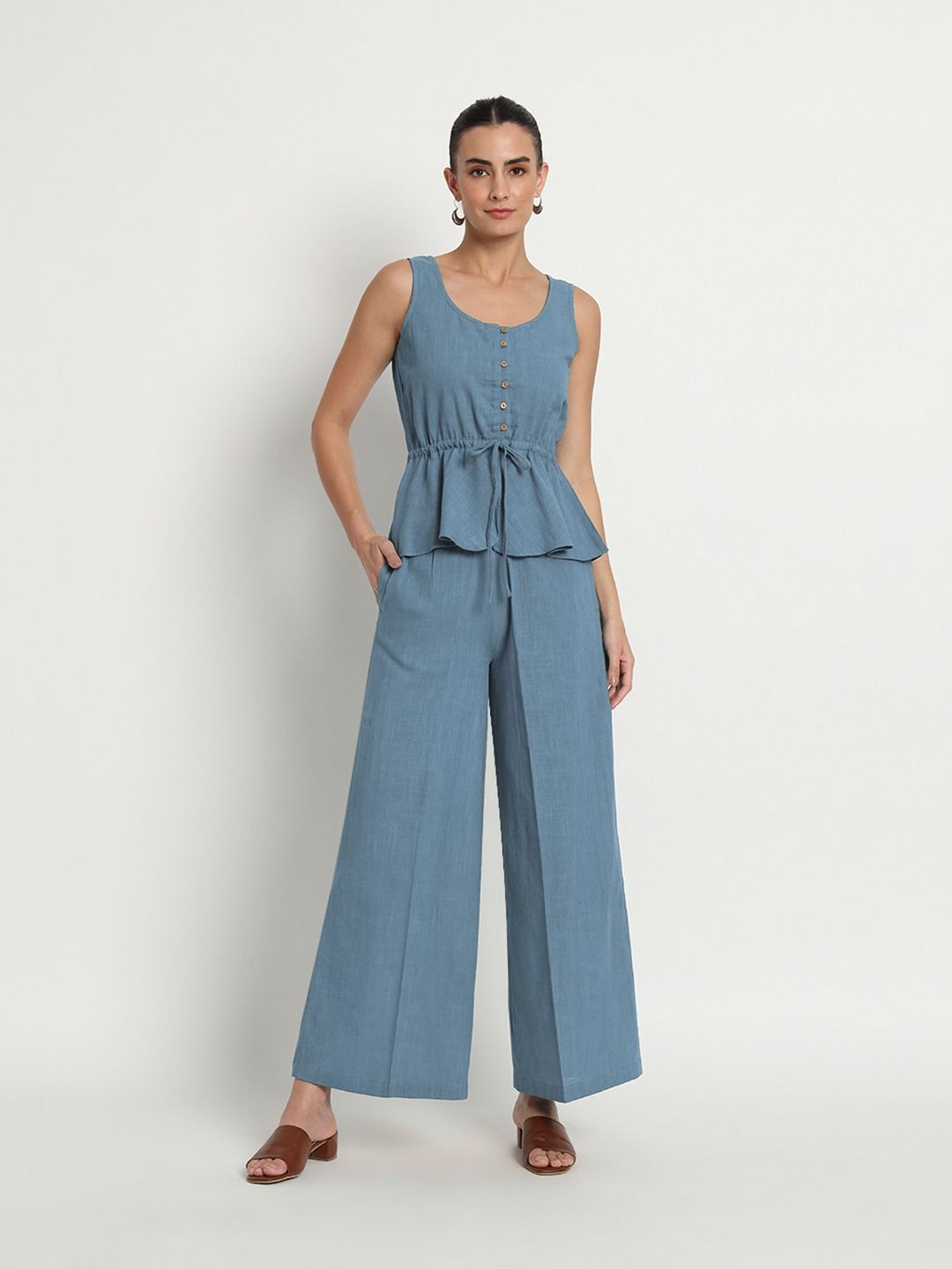 

Thevasa Round Neck Peplum Top with Palazzos, Blue
