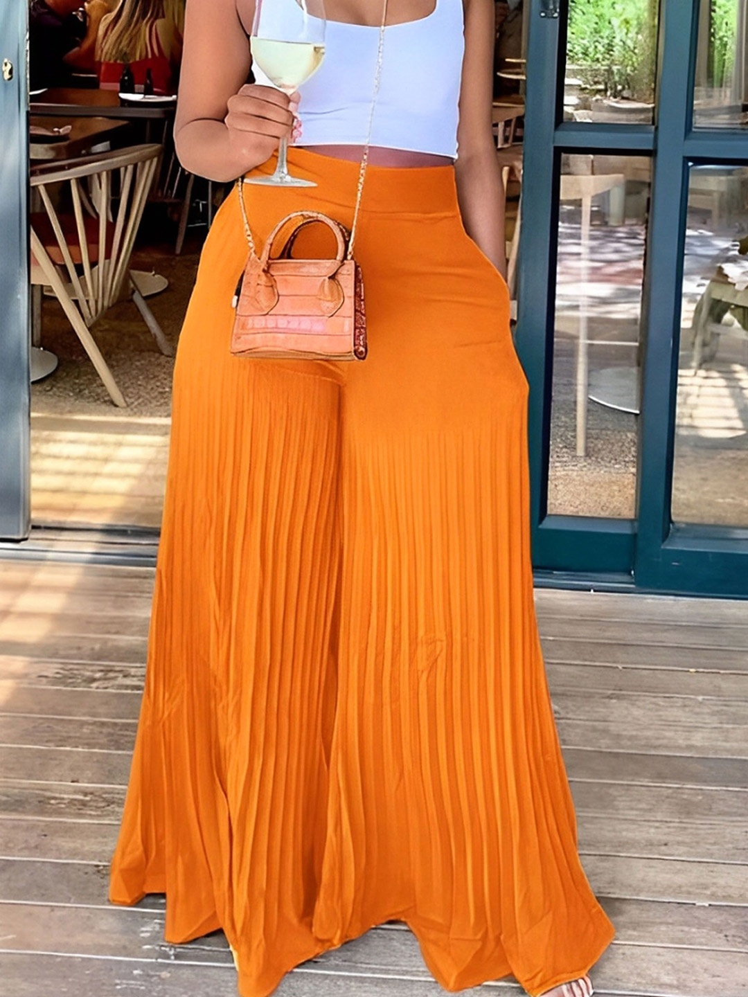 

Kushi Flyer Women Self Design Knitted Wide Leg Plated Palazzos, Mustard