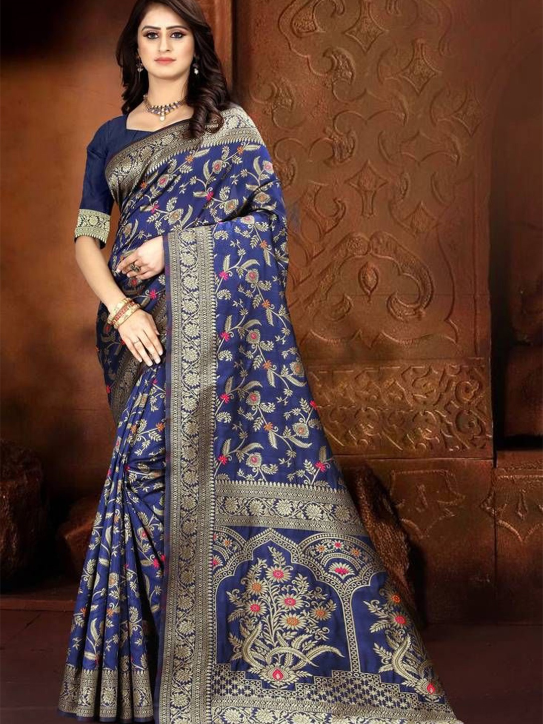 

F FASHION Woven Design Floral Zari Banarasi Saree, Blue