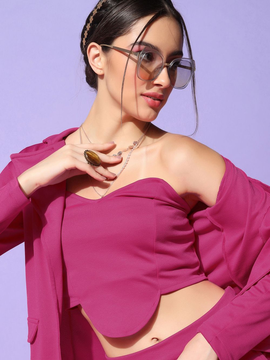 

Fashion FRICKS Solid Top and Trousers With blazer, Pink