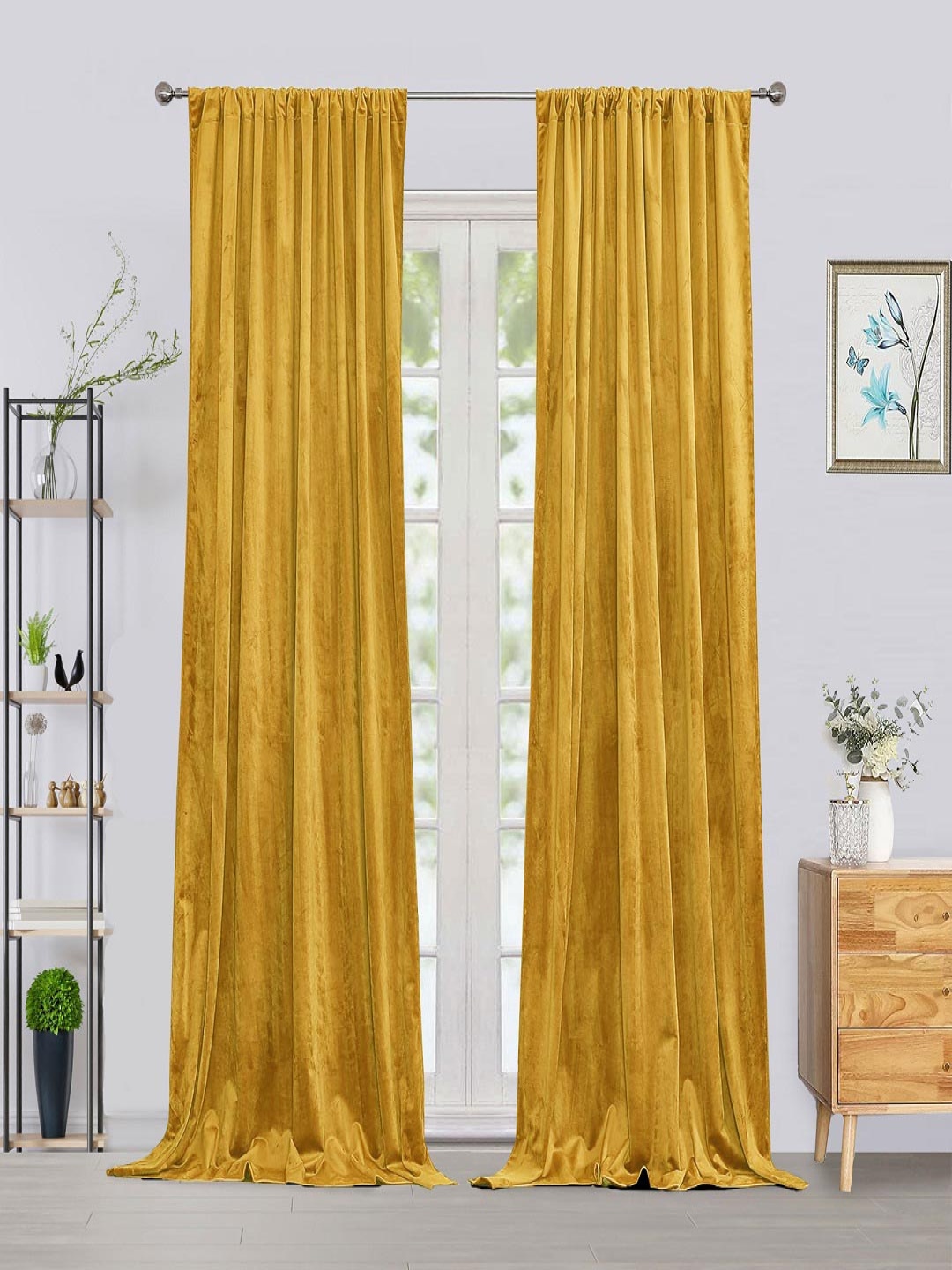 

HOMEMONDE Yellow 2 Pieces Velvet Black Out Door Curtains