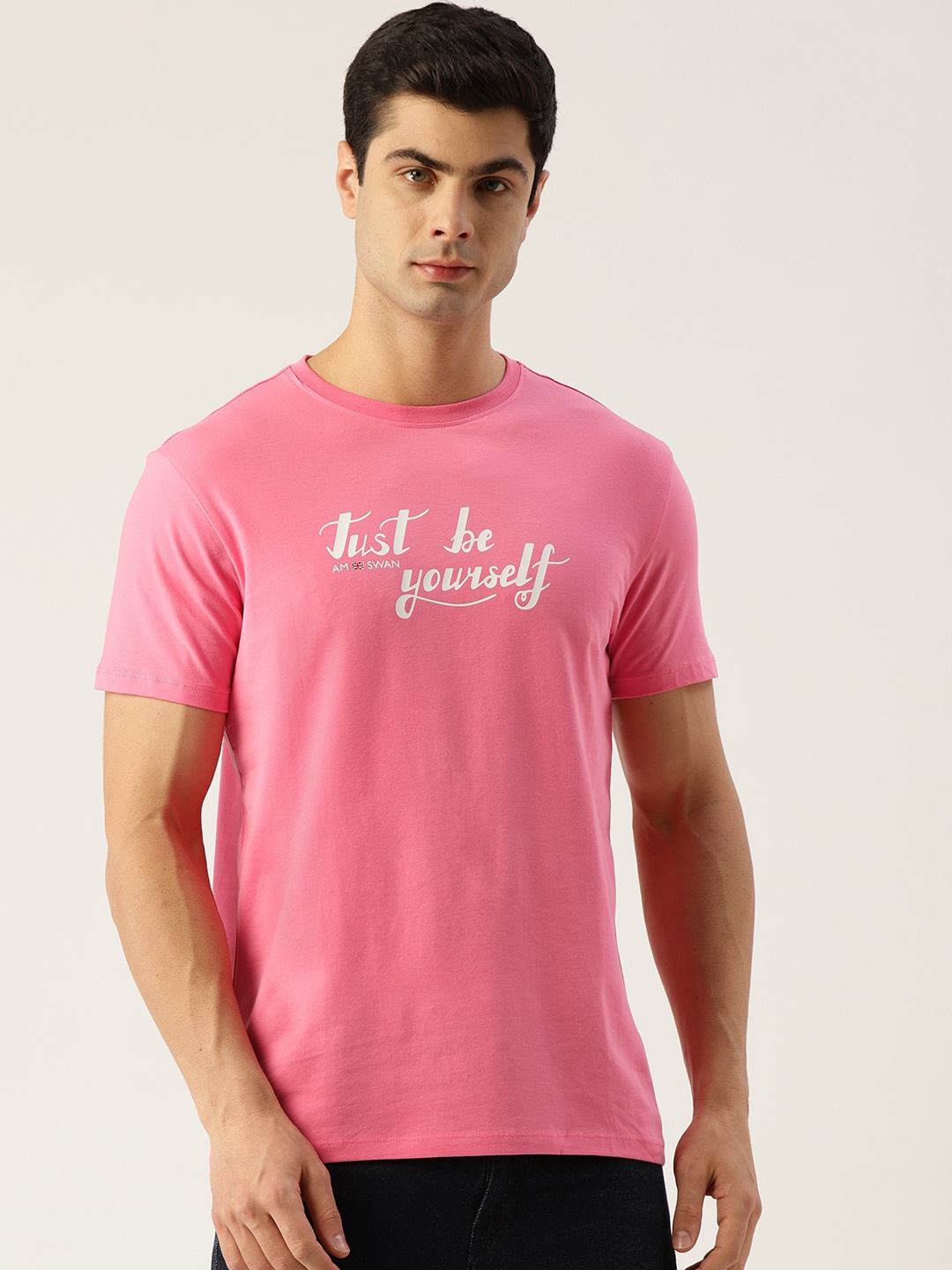 

AMSWAN Men Typography Printed Applique T-shirt, Pink