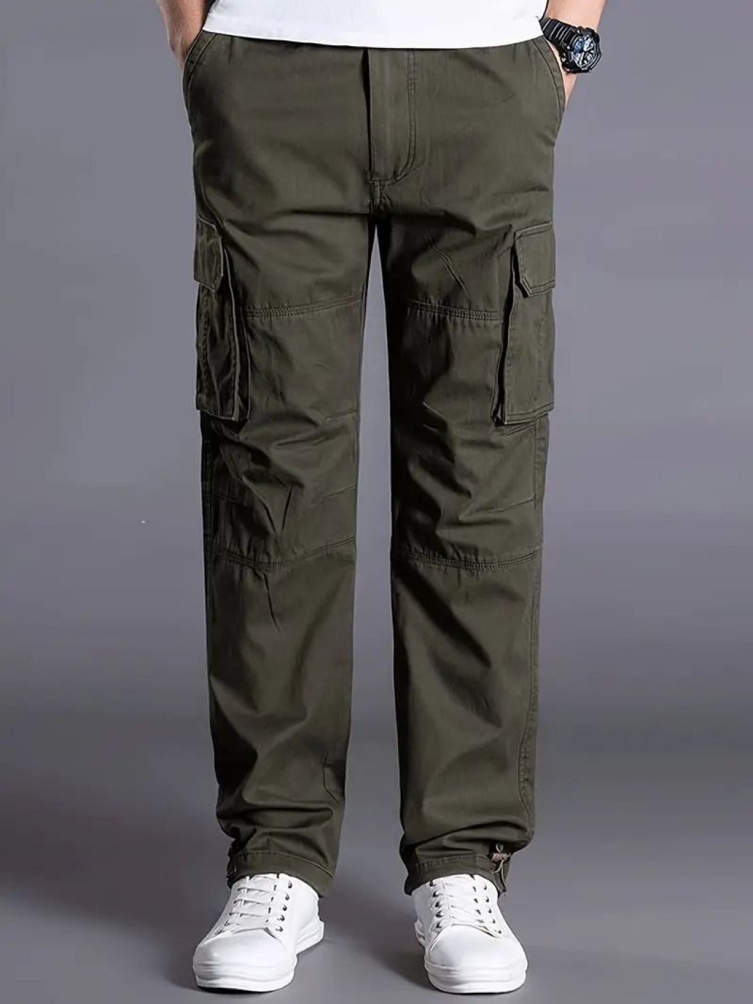 

STI Men Cotton Classic Loose Fit Cargos Trousers, Olive