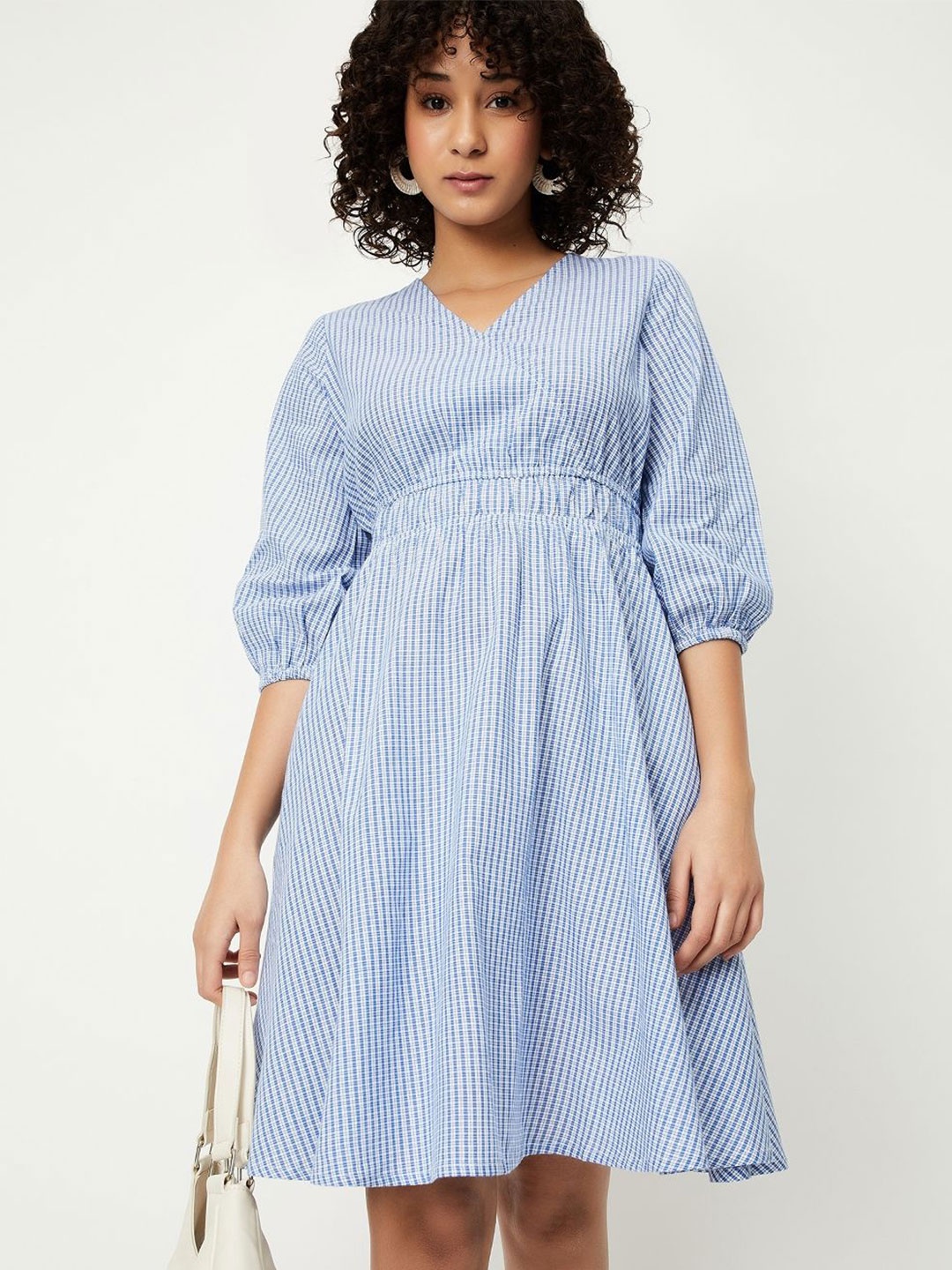 

max Women Striped Puff Sleeves Cotton Fit & Flare Dress, Blue