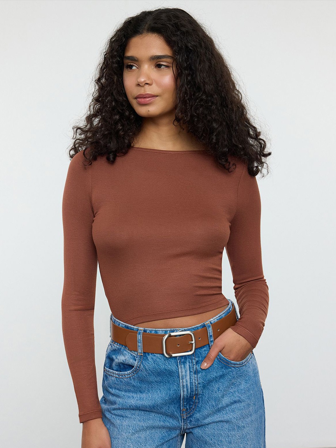 

Trendyol Women Boat Neck Fitted Crop Top, Brown