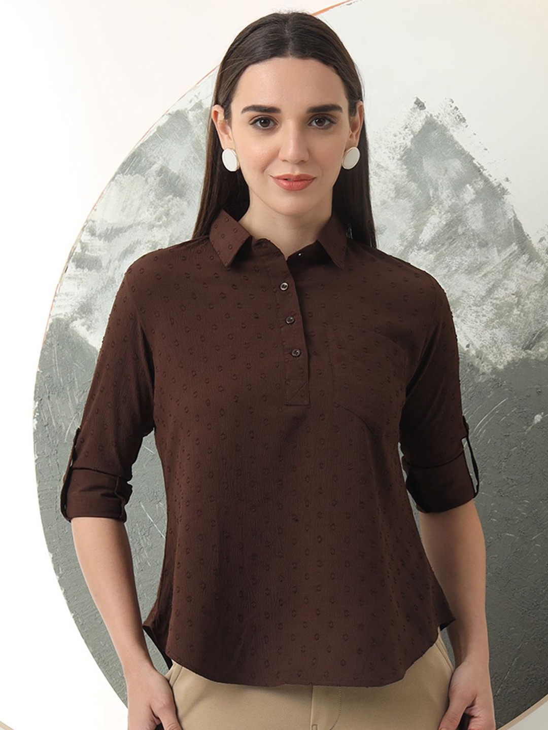 

FITHUB Women Shirt Collared Roll-Up Sleeves Shirt Style Top, Coffee brown