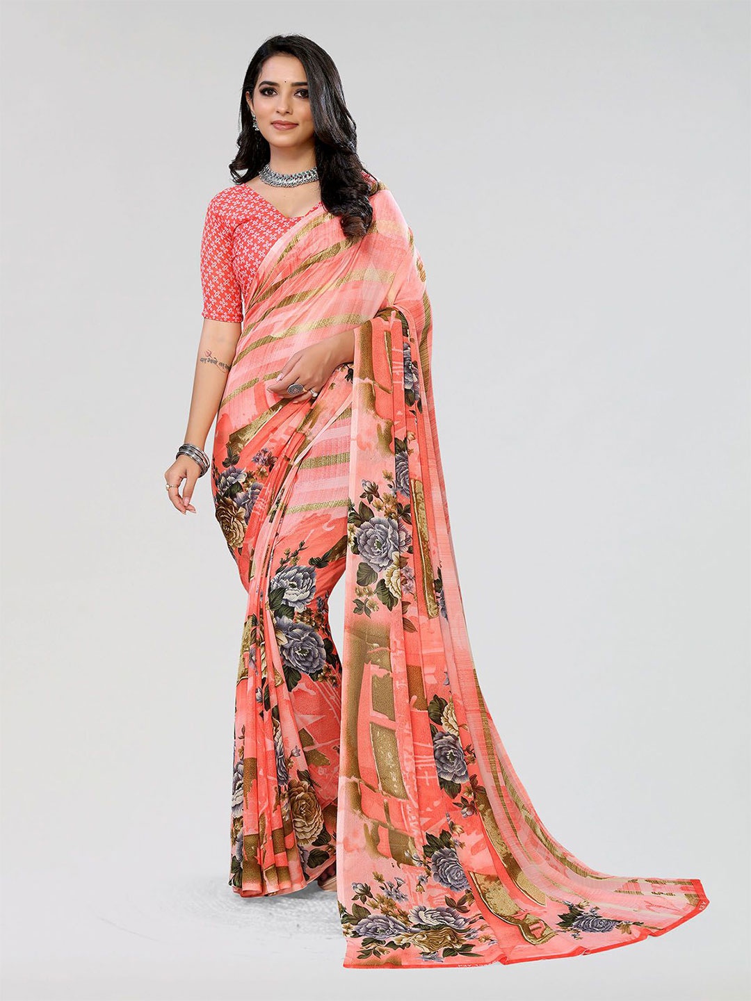 

Moda Rapido Floral Printed Saree With Blouse Piece, Orange