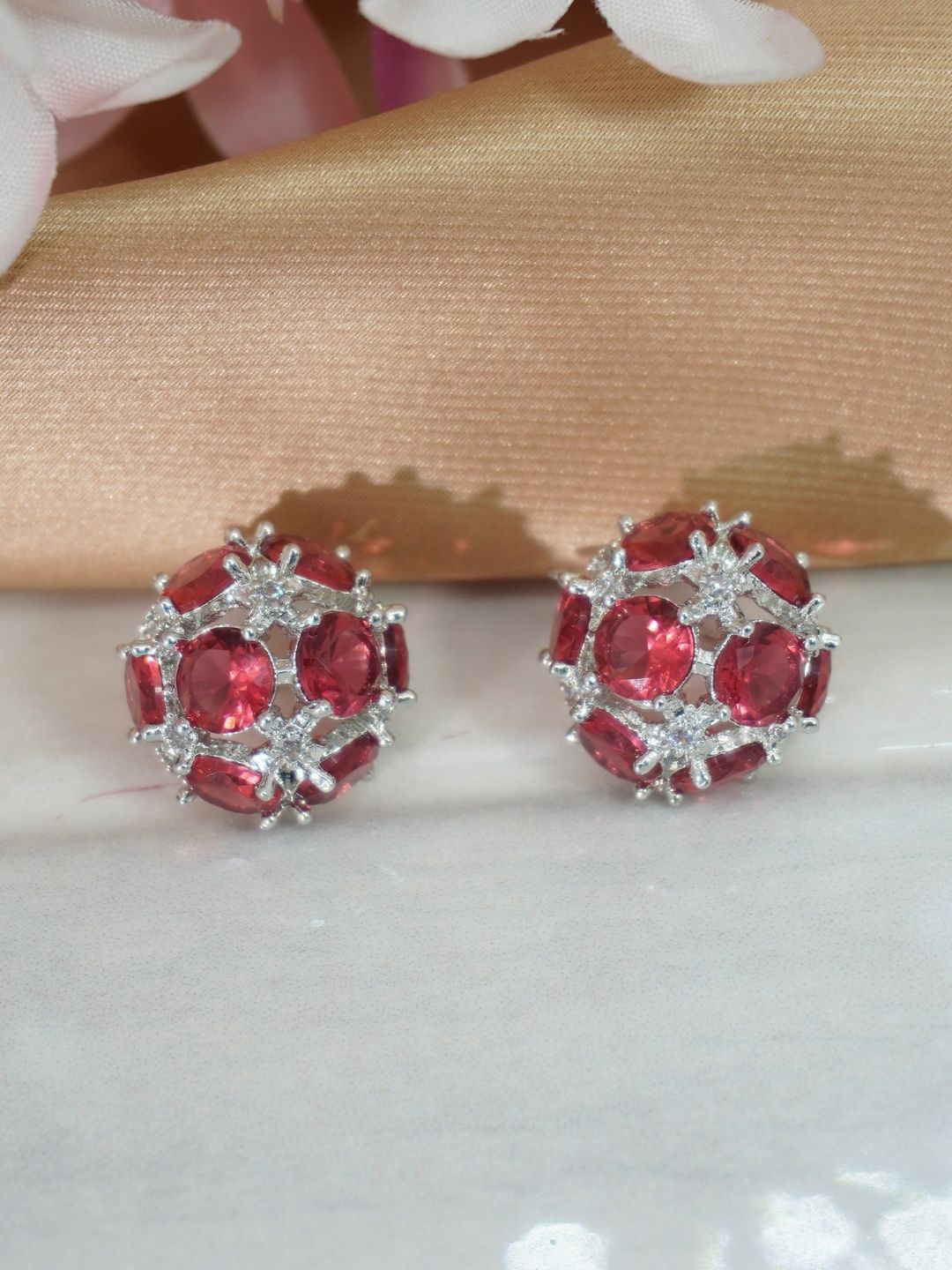 

Niscka Rhodium-Plated American Daimond Stone Studded Contemporary Studs, Red