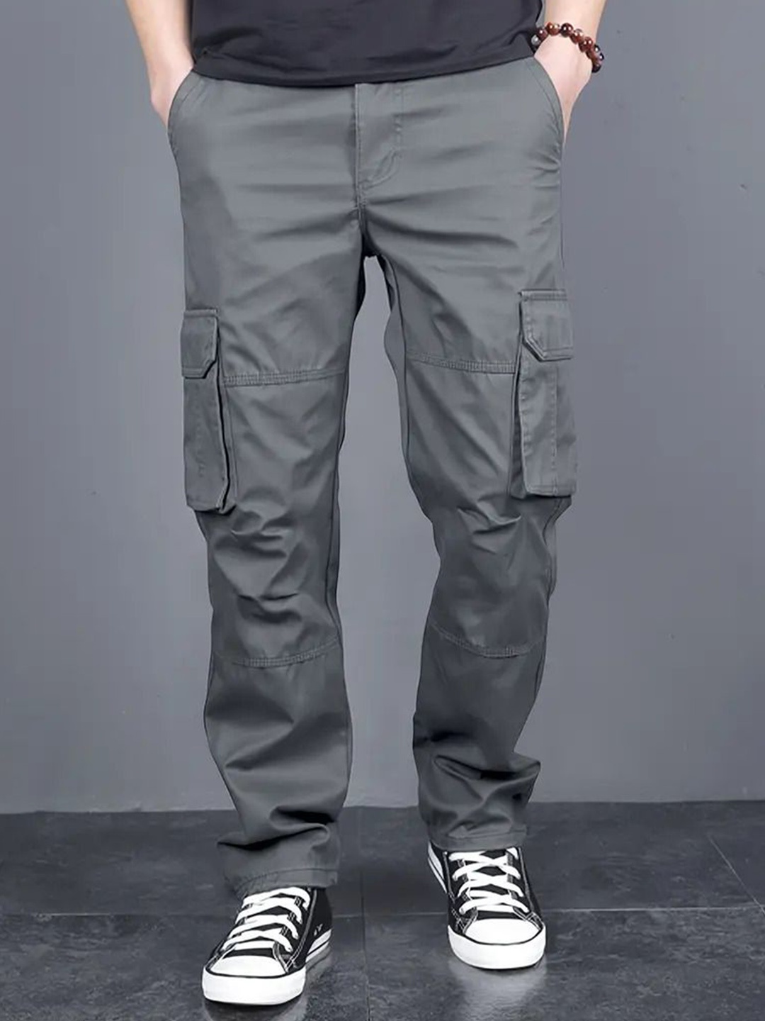 

STI Men Classic Loose Fit Mid-Rise Pure Cotton Cargos Trouser, Grey melange