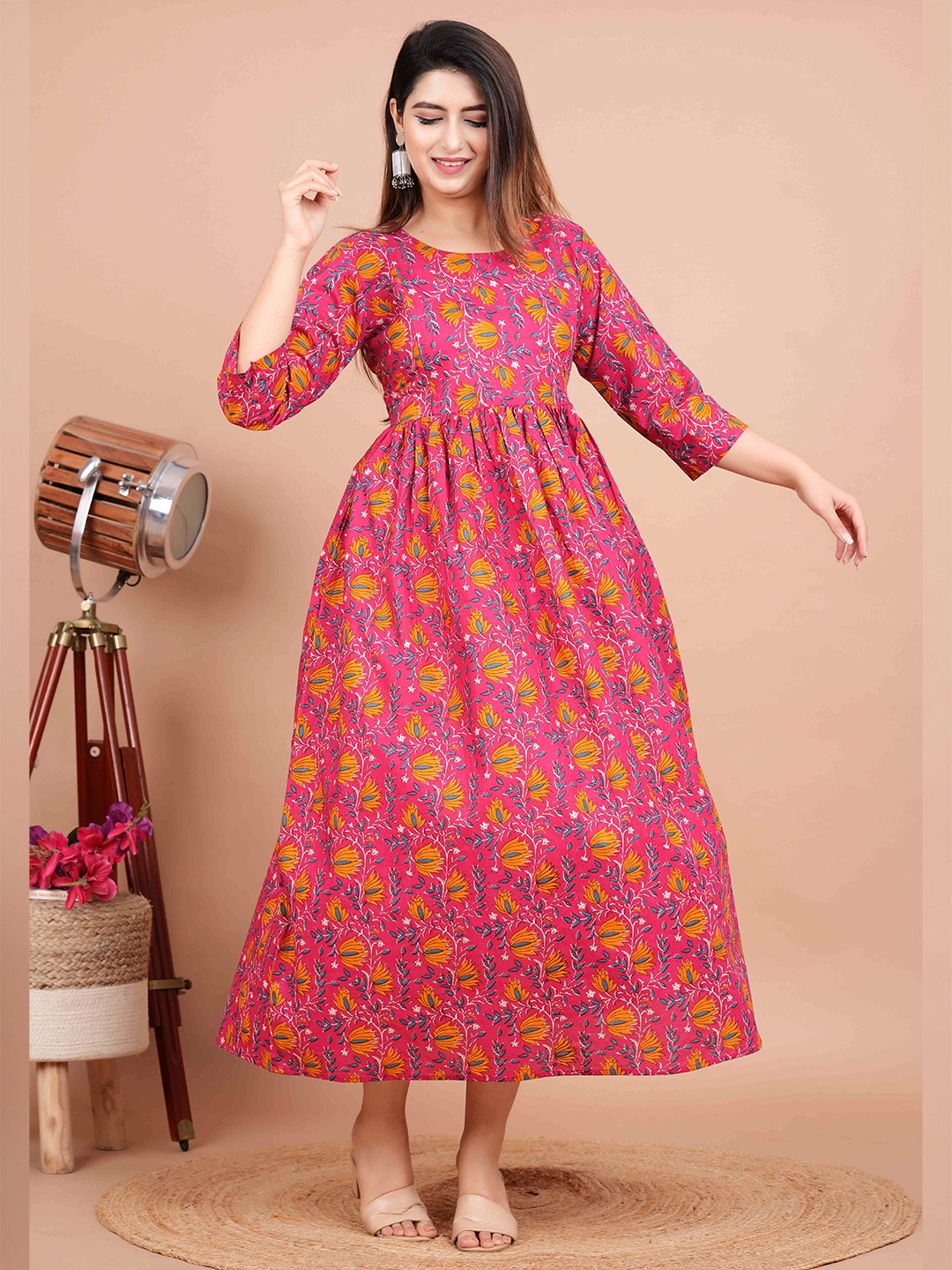 

Twirl Tales Women Floral Printed Maternity Fit & Flare Midi Dress, Pink