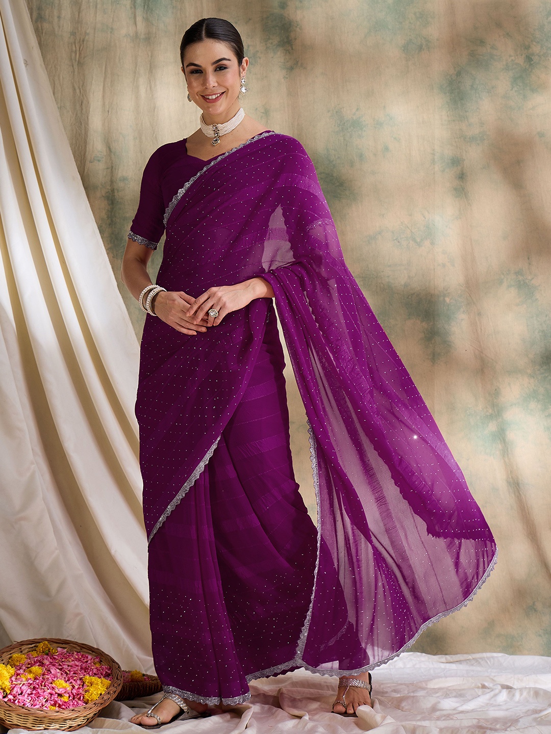 

Maroosh Striped Beads and Stones Banarasi Saree, Purple