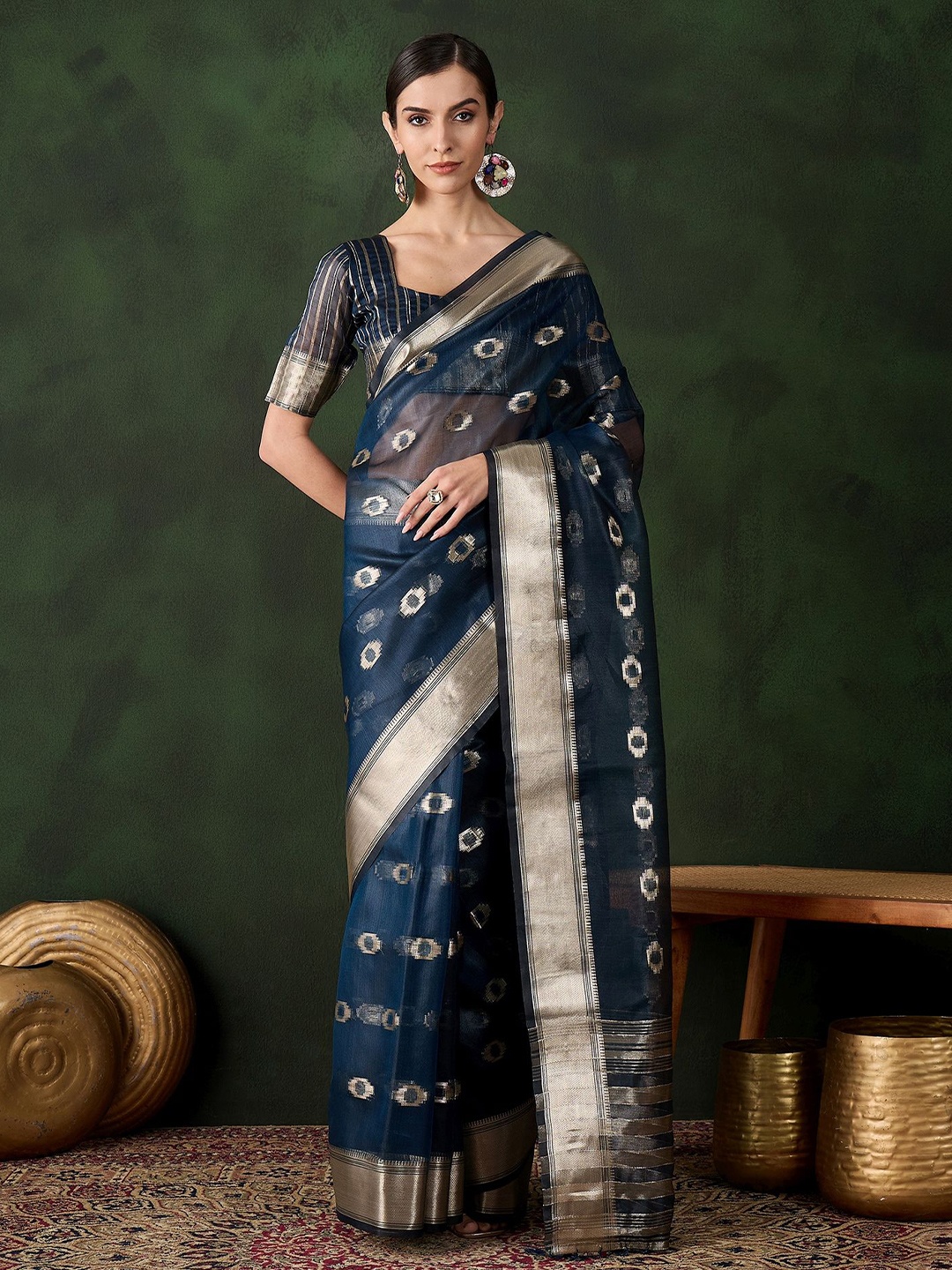 

KIMISHA Woven Design Zari Organza Kanjeevaram Saree, Teal