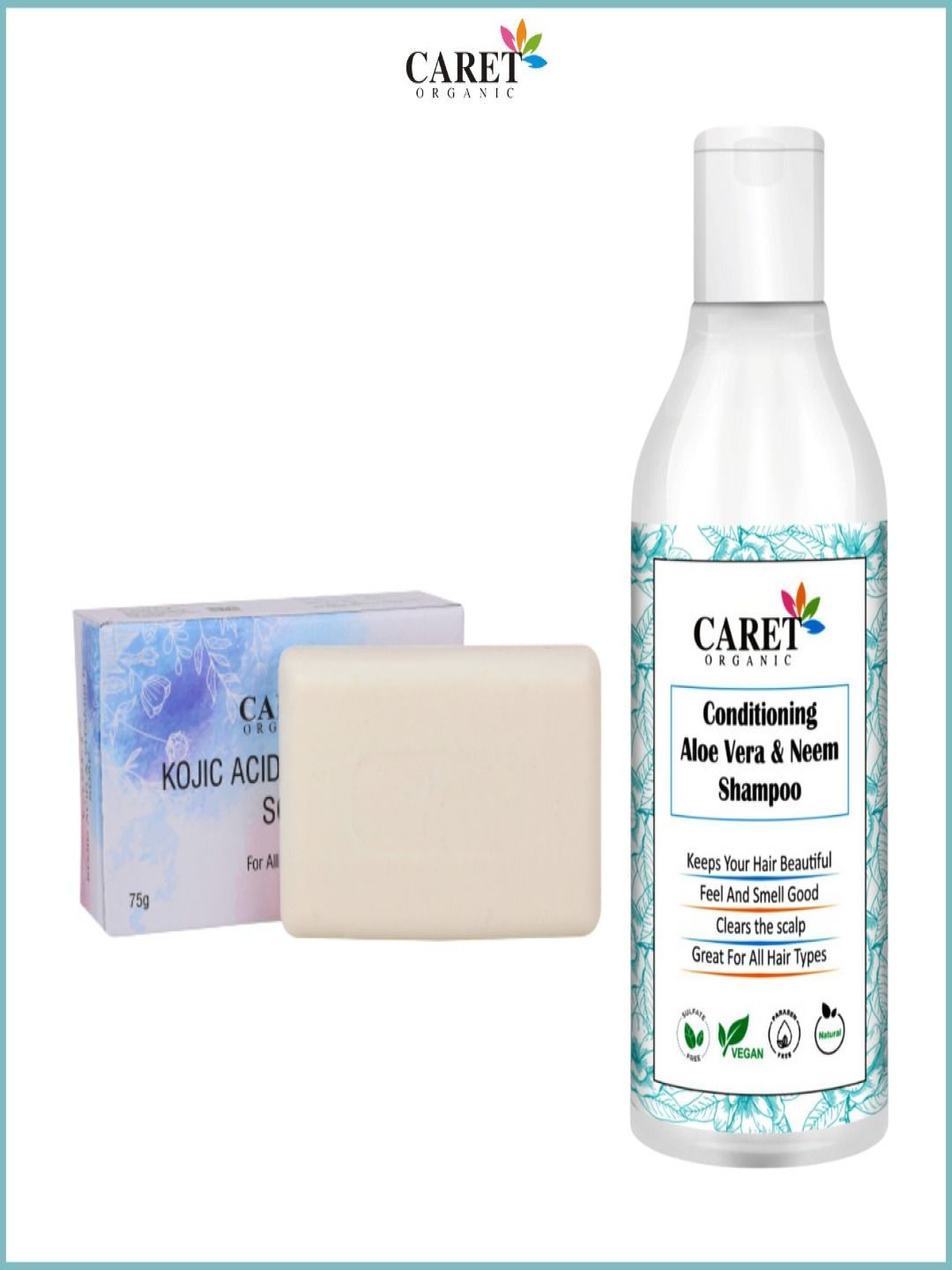 

CARET ORGANIC Set Of 2 Aloevera & Neem Shampoo 300 ml & Kojic Acid Soap 75 g, Multi