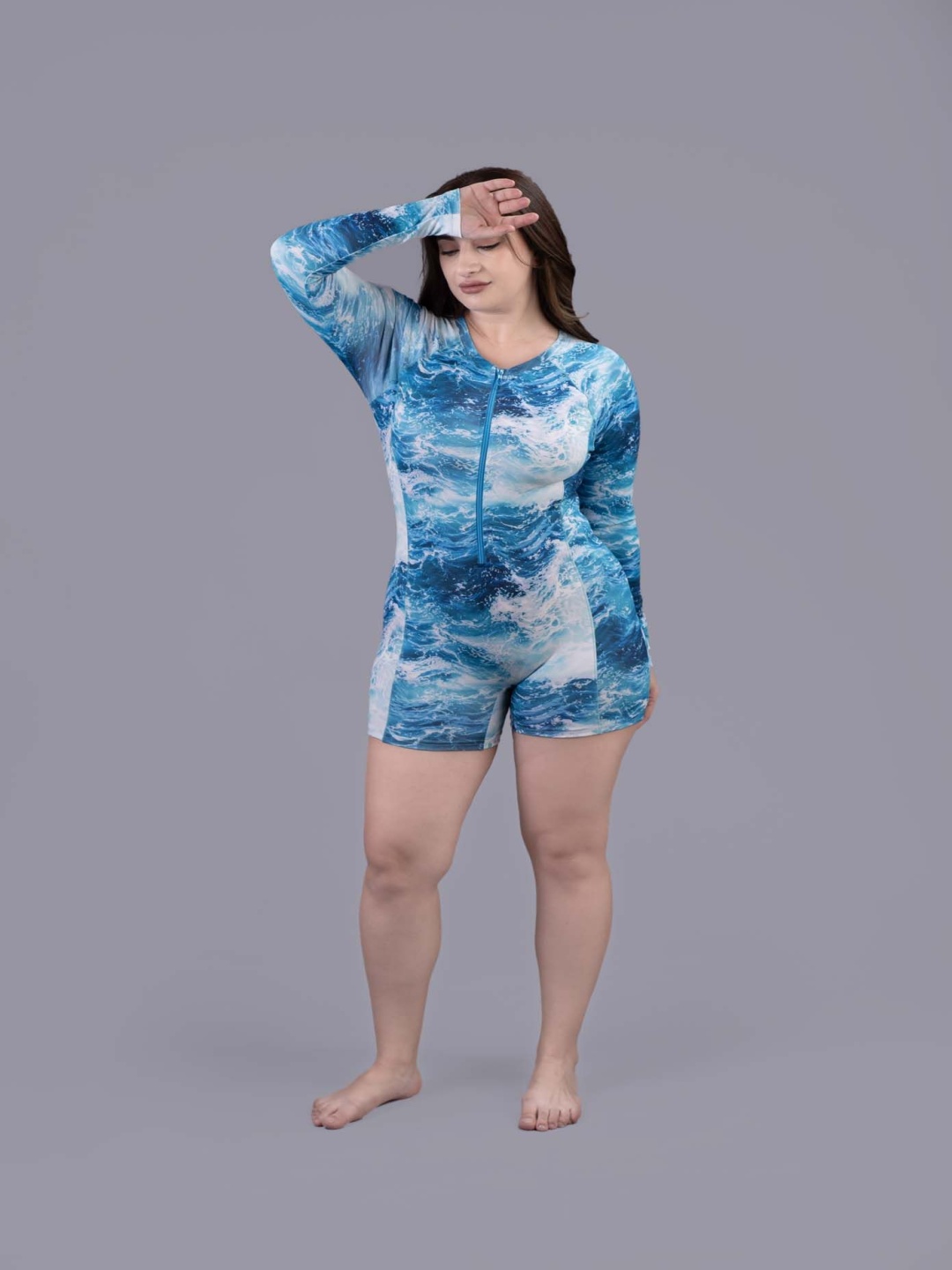 

Keepfit Women Long Sleeves Printed Padded Plus Size Legsuit Swimwear, Blue