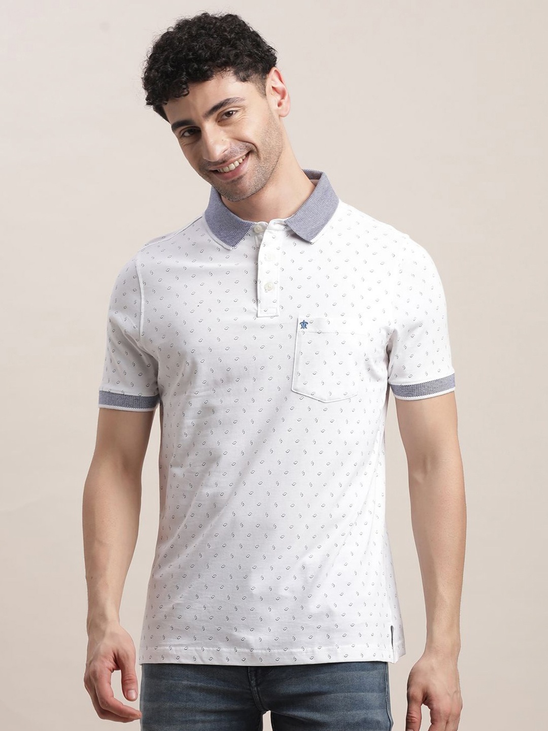 

Turtle Men Abstract Printed Polo Collar Pure Cotton Slim Fit T-shirt, White