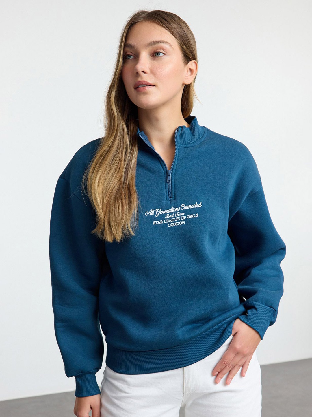 

Trendyol Women Mock Collar Sweatshirt, Blue
