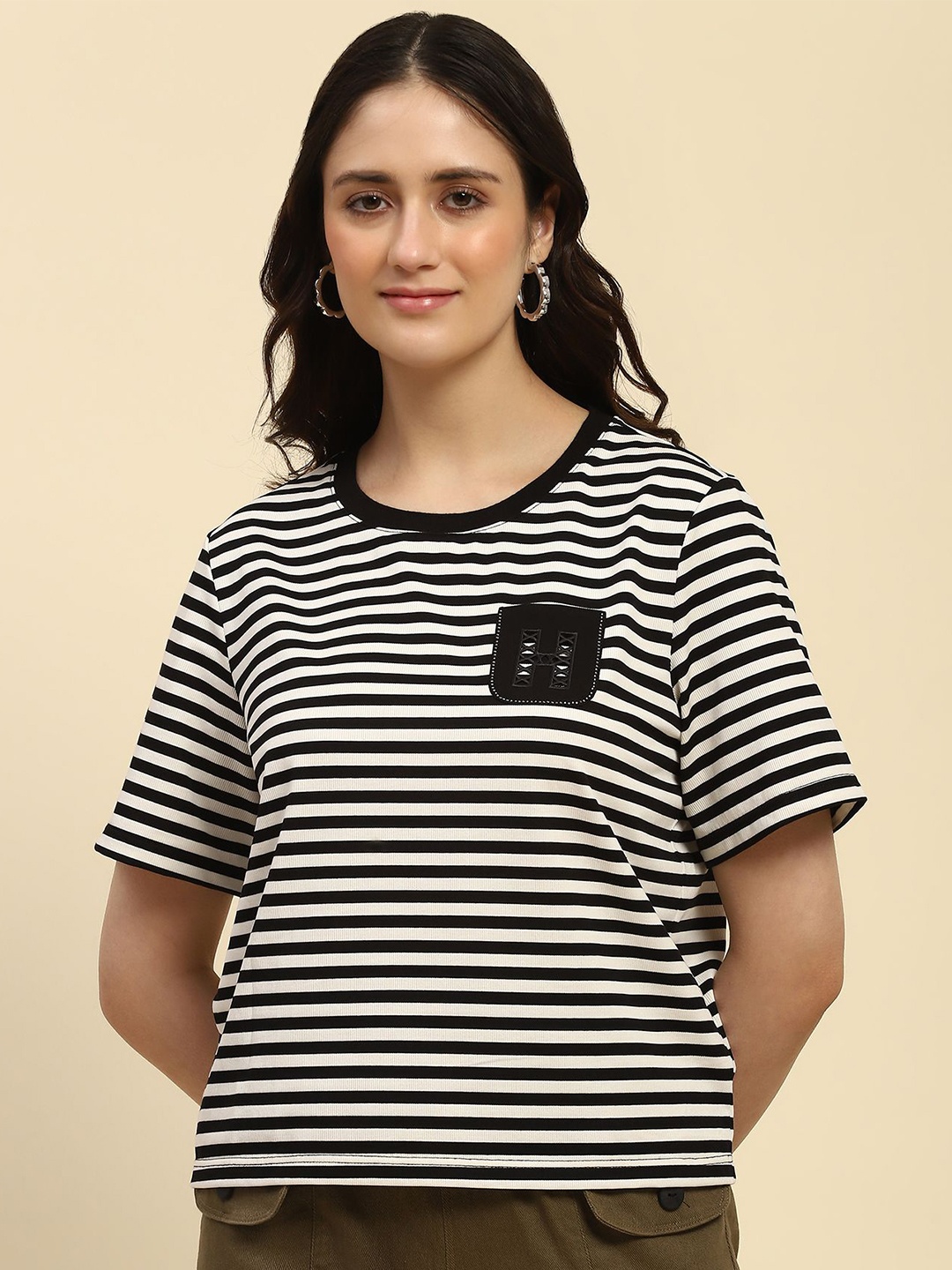 

Global Republic Striped Cotton Crop Top, Black