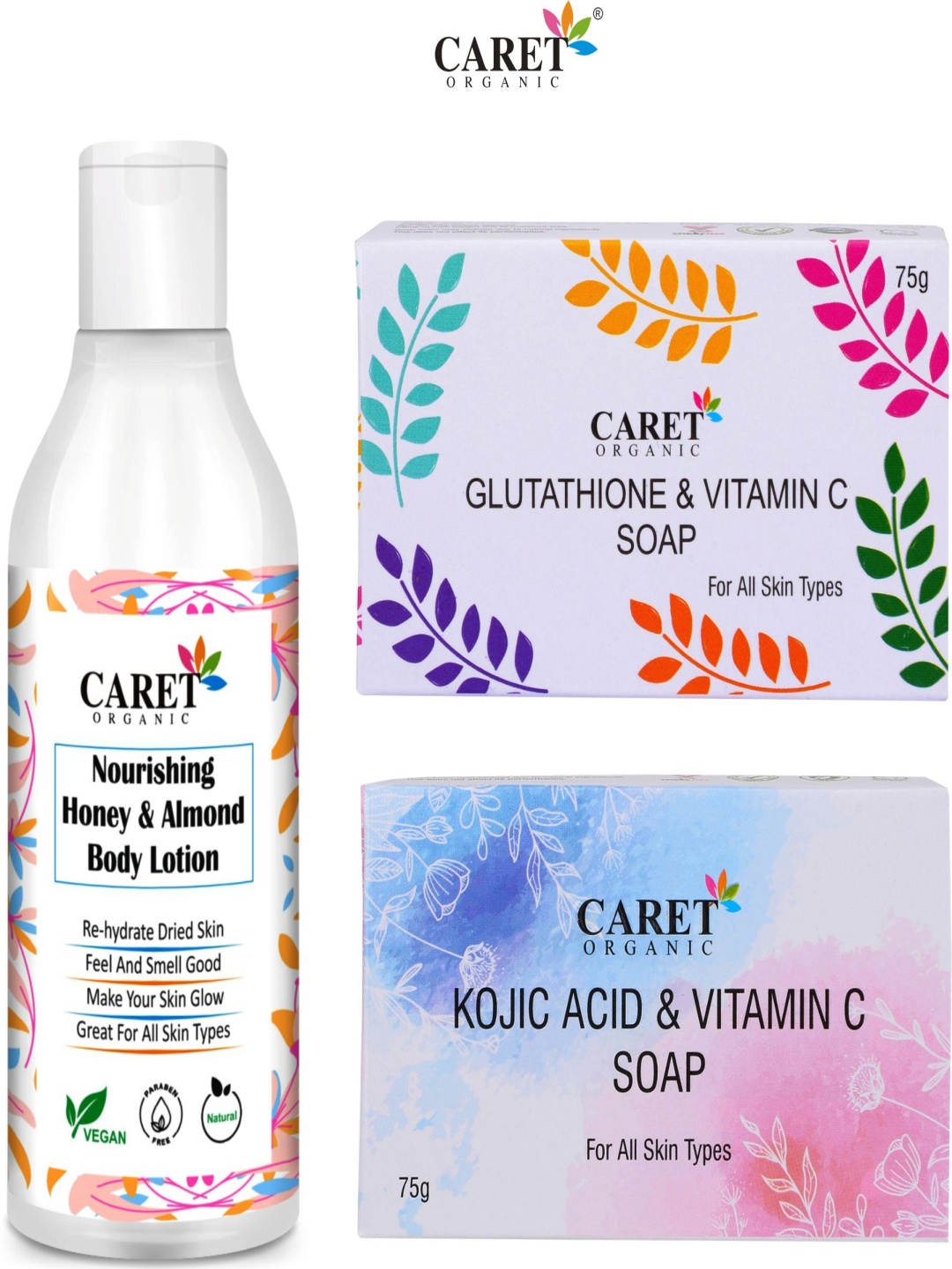 

CARET ORGANIC Set Of 3 Honey Almond Body Lotion & kojic Acid Vitamin C & Glutathione Soap, Multi