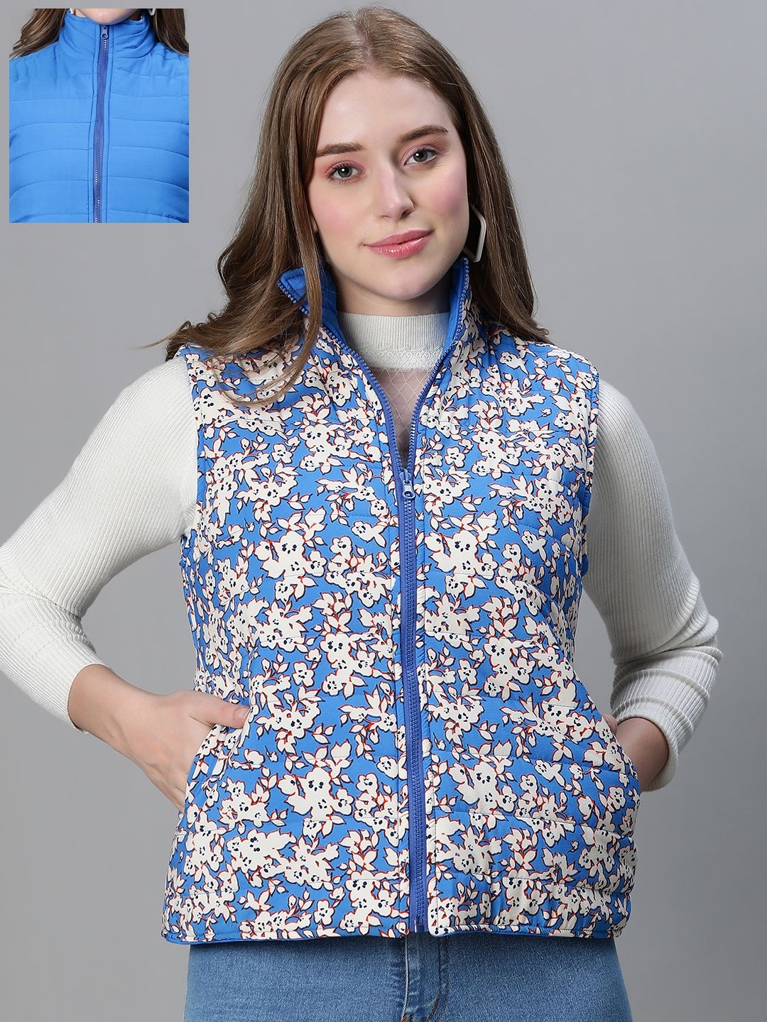 

Oxolloxo Women Stand Collar Floral Printed Casual Reversible Quilted Jacket, Blue