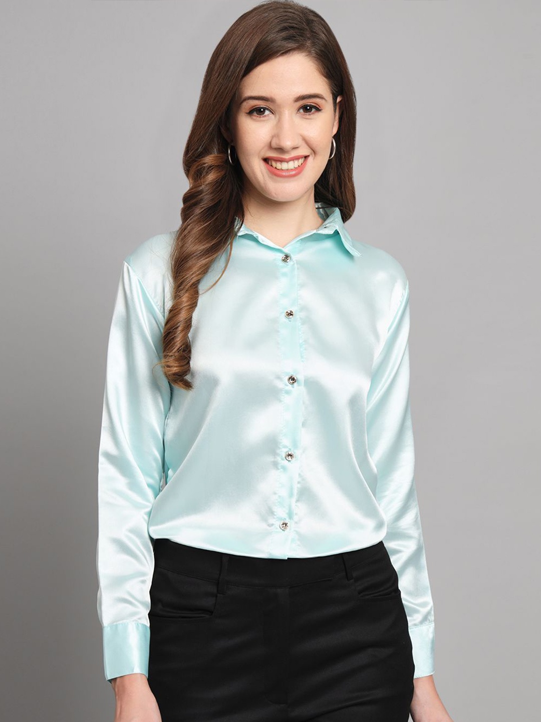 

Funday Fashion Women Spread Collar Solid Satin Formal Shirt, Blue