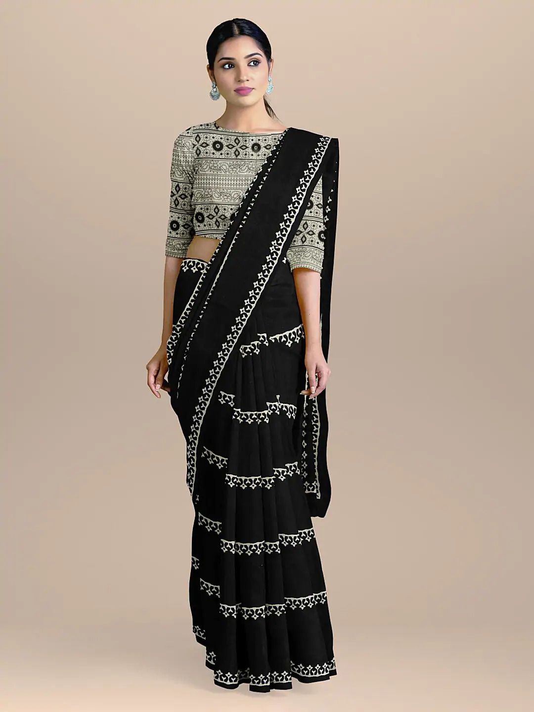 

Pinkcity Trade World Ethnic Motifs Pure Cotton Block Print Saree, Black