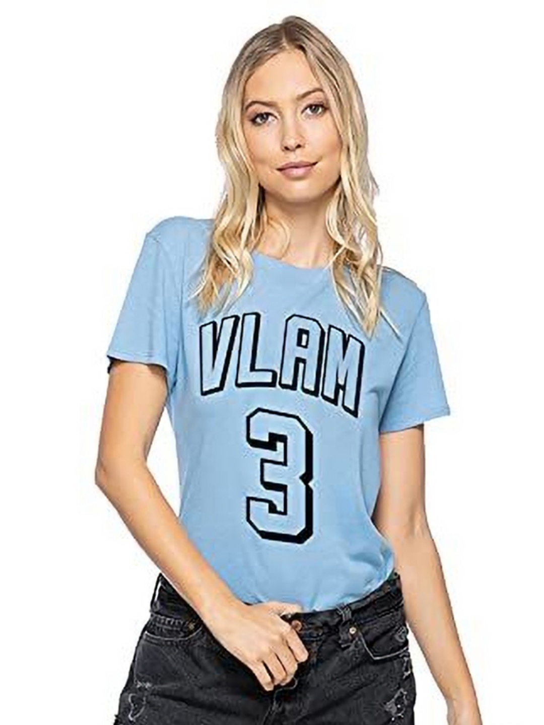 

VLAM Women Typography Printed Extended Sleeves Applique T-shirt, Blue