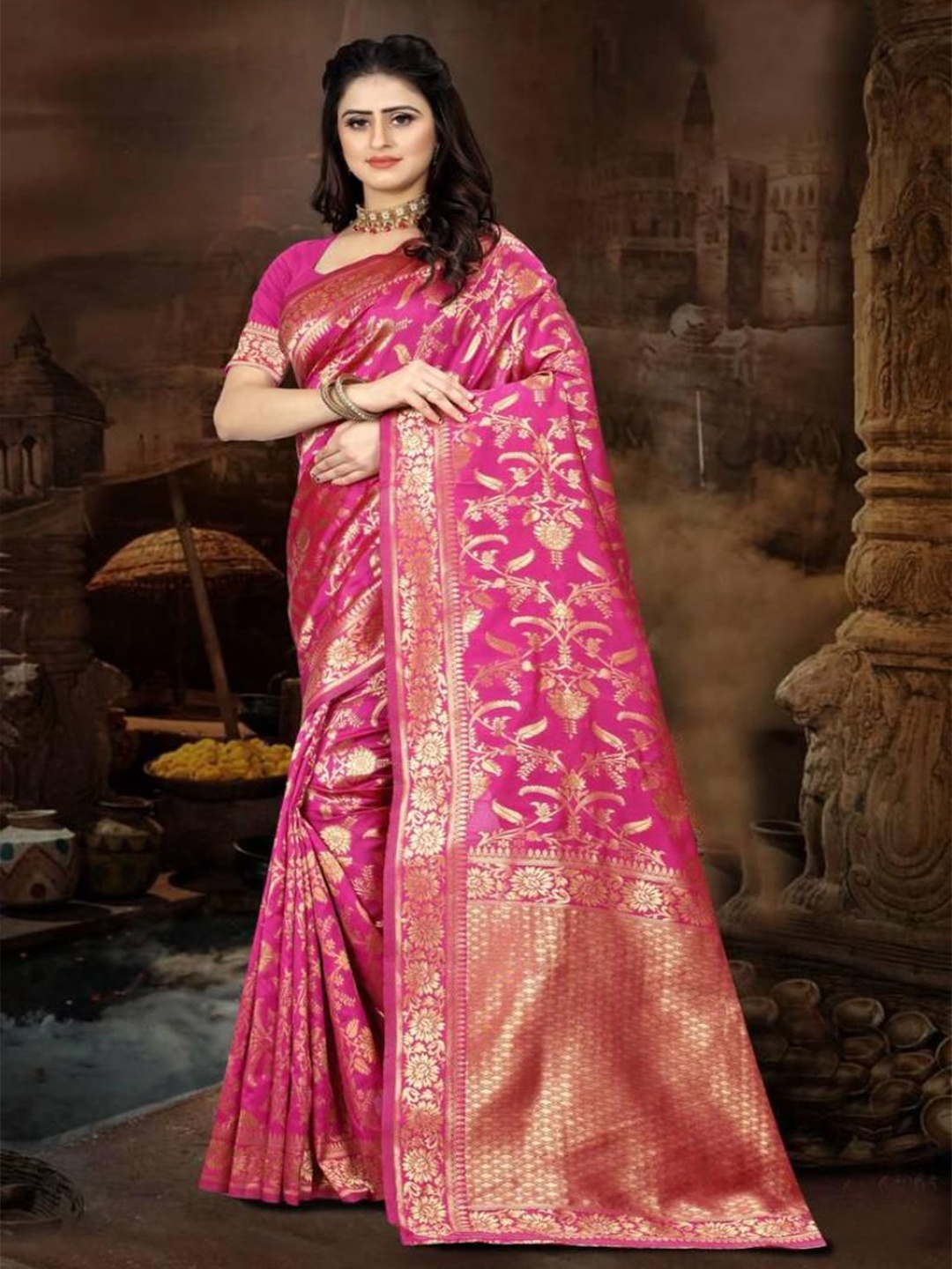 

F FASHION Woven Design Zari Banarasi Saree, Pink