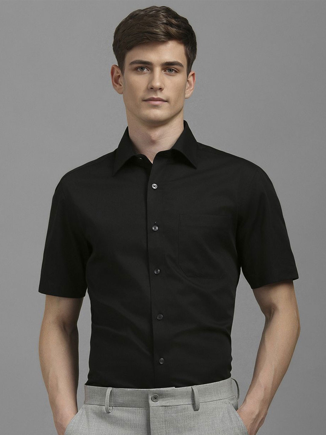 

Louis Philippe Men Classic Fit Spread Collar Solid Cotton Casual Shirt, Black