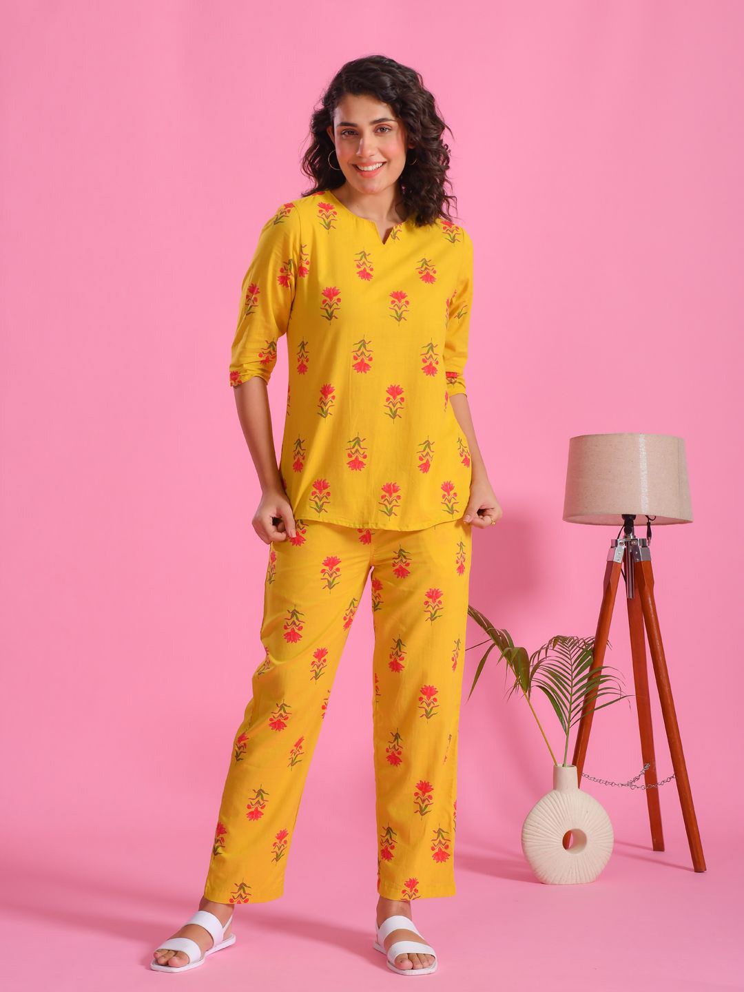 

SANSKRUTIHOMES Floral Printed Top With Trousers Round Neck Night suits, Mustard