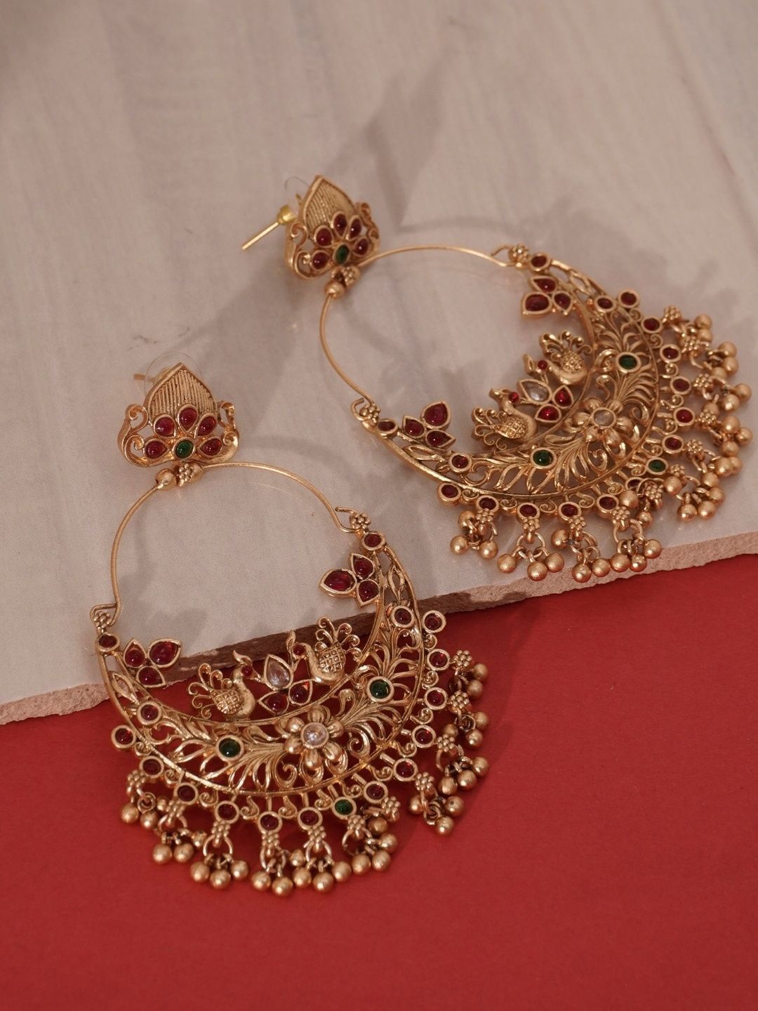 

Niscka Gold-Plated Faux Ruby Stones Studded Crescent Shaped Chandbalis