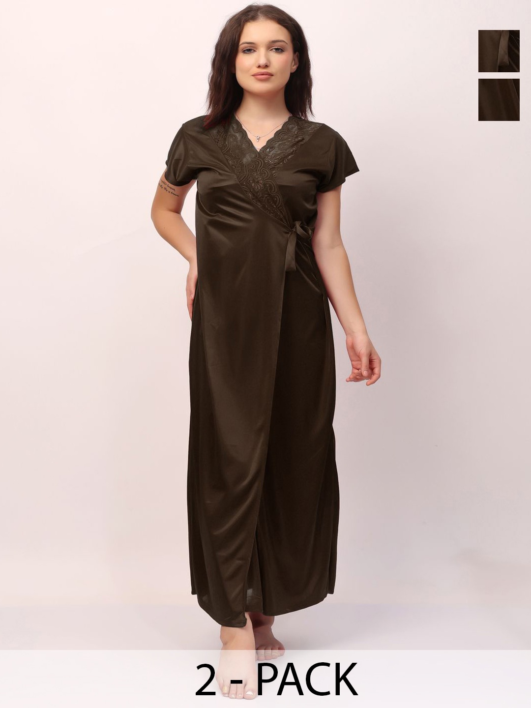 

CHUI MUI Women Pack of 2 Maxi Wrap Nightdress With Robe, Brown