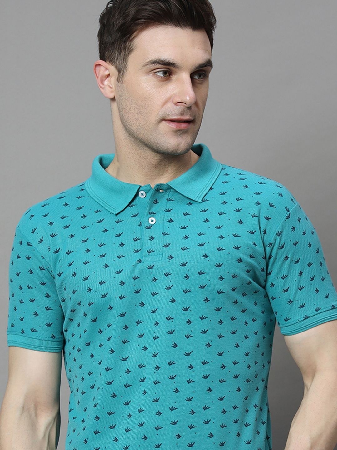 

HUSHBUCKS Men Floral Printed Polo Collar Cotton T-shirt, Teal