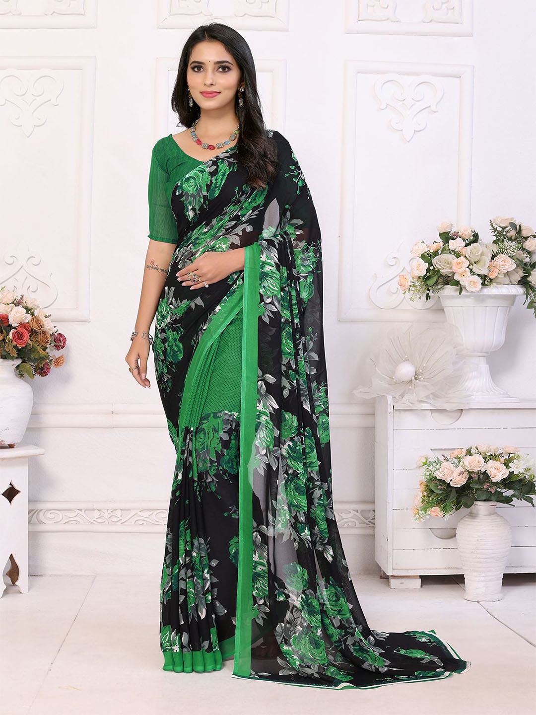 

Moda Rapido Printed Saree With Unstiched Blouse Piece, Green